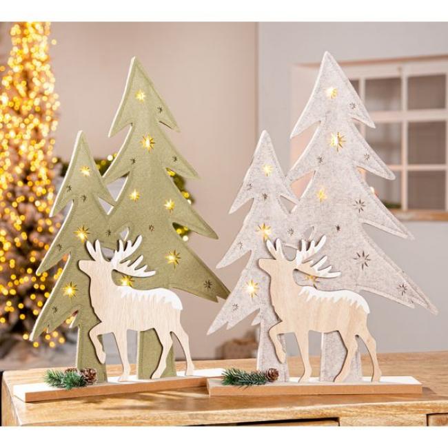 For&ecirc;t sapin et cerf LED H44cm