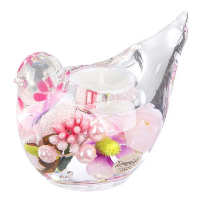 Dreamlight, bougeoir pour bougies &agrave; chauffe-plat, Oiseau, "Bird Pink Love", verre, rose