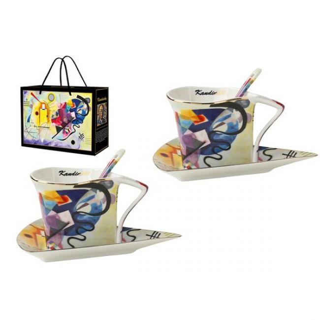 COFFRET 2 TASSES TRIANGLE 180ML + SOUS TASSE + CUILLERES KANDINSKY JAUNE-ROUGE-BLEU