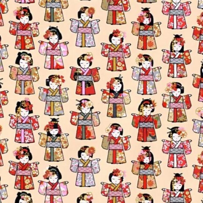 Photothèque Tissu: Kokeshis Poupées Japonaises Geishas (cretonne)