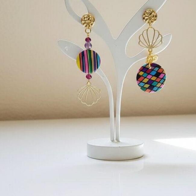 Boucles oreilles bois uniques Asym&eacute;triques Lagon Pop (port offert)