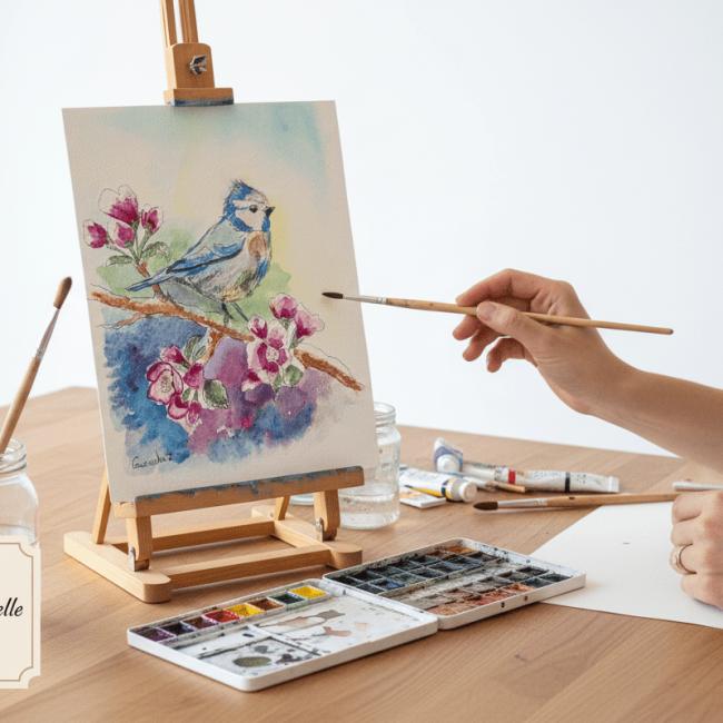 Cr&eacute;e ton aquarelle oiseau et fleurs – Atelier individuel