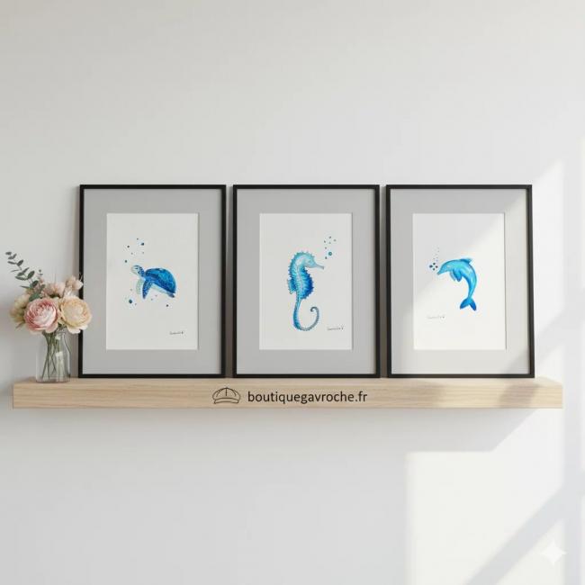 Trio d&rsquo;Aquarelles Originales &laquo;&nbsp;Vie Marine Oc&eacute;an Bleu&nbsp;&raquo; Offre incluse 1 gratuite