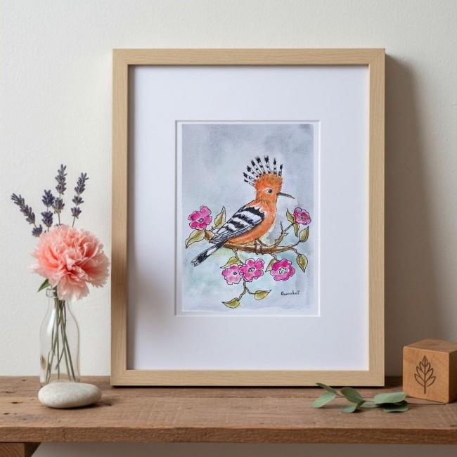 Aquarelle originale &ndash; huppe fasci&eacute;e sur branche fleurie (Offre 2FOR3) &agrave; encadrer
