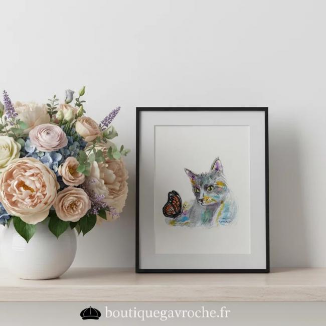 Aquarelle originale Le chat et le papillon (Offre 2FOR3) &nbsp;