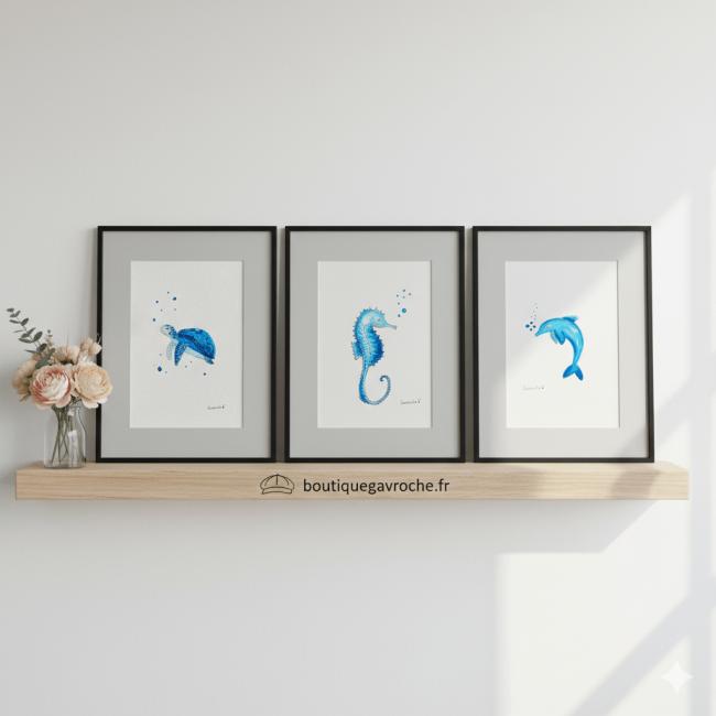 Trio d&rsquo;Aquarelles Originales &laquo;&nbsp;Vie Marine Oc&eacute;an Bleu&nbsp;&raquo; Offre incluse 1 gratuite