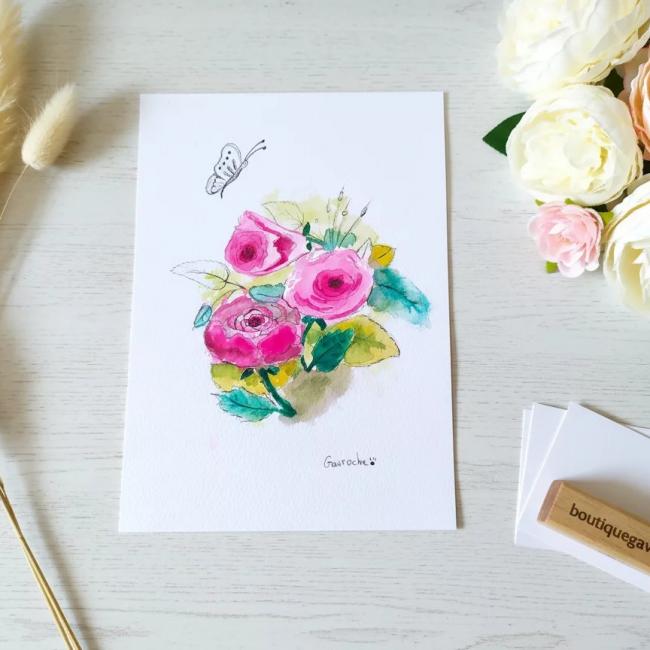 Aquarelle Papillon et Bouquet de Roses Lumineuses