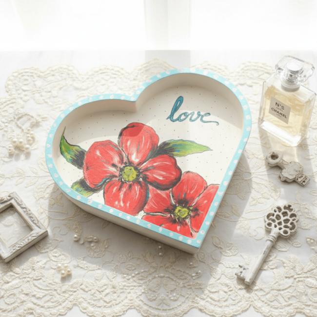 Plateau coeur , vide-poche en bois Les Coquelicots (frais de port offert)