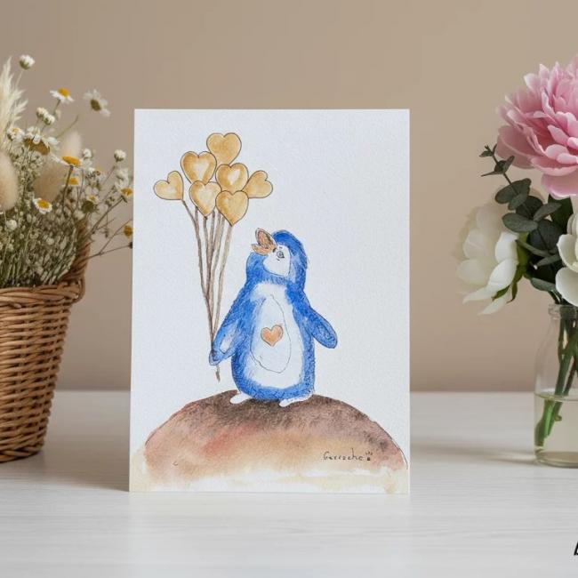 Aquarelle Pingouin aux Ballons