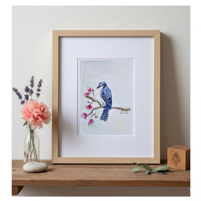 Aquarelle originale &ndash; Geai bleu (Offre 2FOR3)