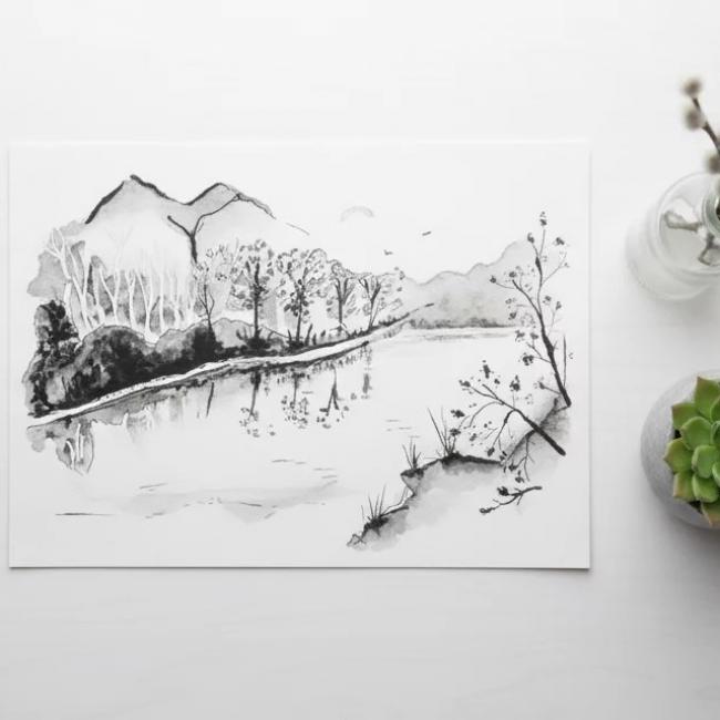 Paysage encre de chine sur bristol