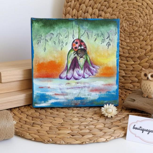 Coccinelle sur l&rsquo;eau &ndash; Tableau original &agrave; l&rsquo;huile &ndash; Fait main Corr&egrave;ze