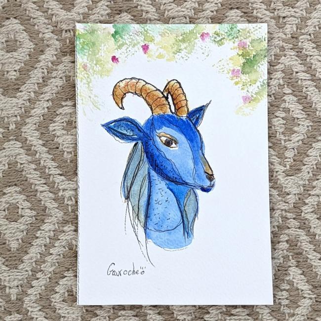 Aquarelle Capricorne chevre bouc