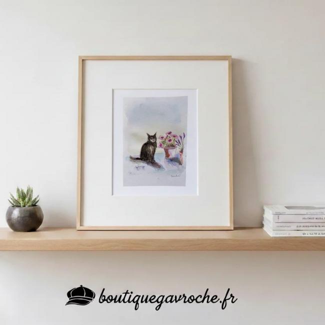 Aquarelle originale Le Chat noir et les fleurs (Offre 2FOR3)