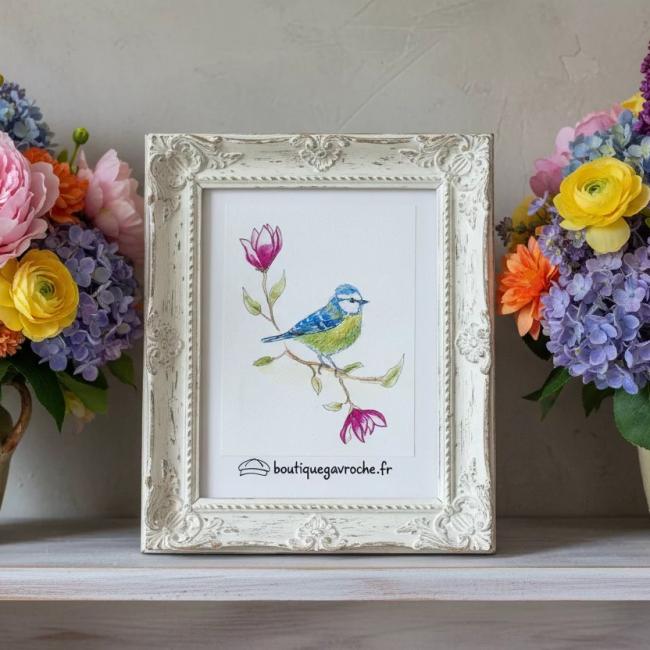 Aquarelle Originale &laquo;&nbsp;La M&eacute;sange Bleue et les Magnolias&nbsp;&raquo; (Offre 2FOR3)