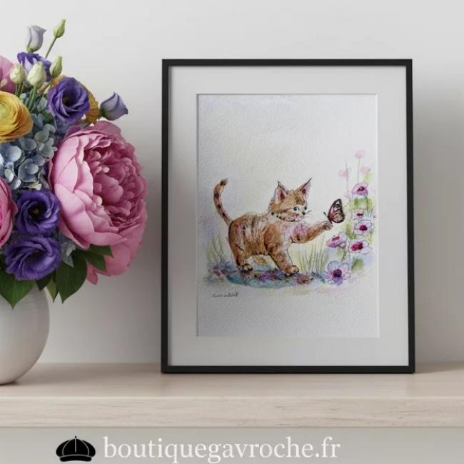 Aquarelle originale Le Chaton et le Papillon (Offre 2FOR3) &nbsp;