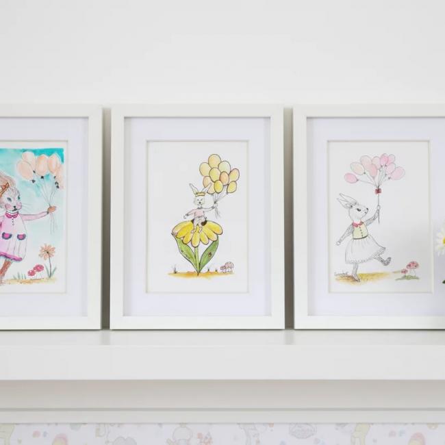 Trio d&rsquo;Aquarelles Originales &laquo;&nbsp;Les Lapines en F&ecirc;te&nbsp;&raquo; (18×13 cm) OFFRE 2FOR3 &ndash; Personnalisable et Sign&eacute;