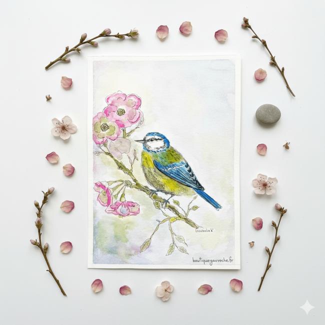Aquarelle Originale M&eacute;sange Bleue (25×18 cm) Offre2for3