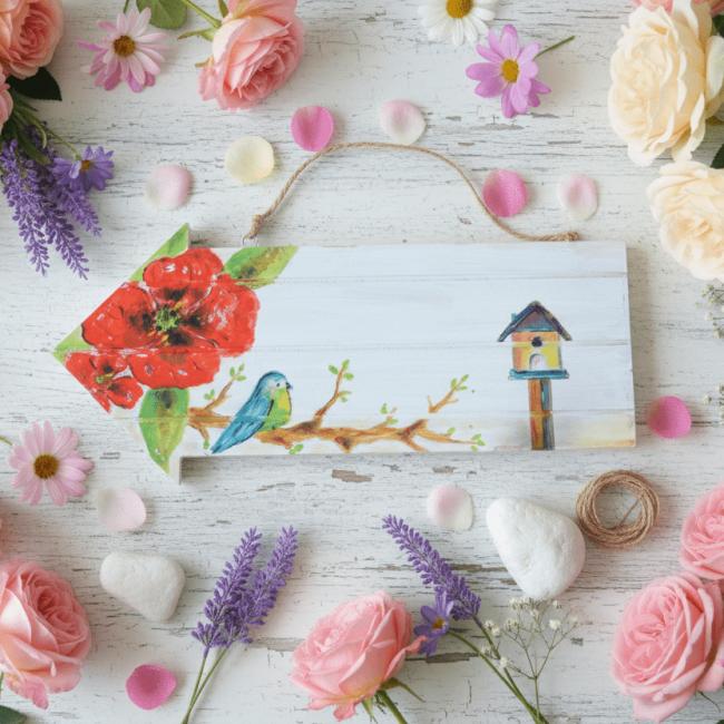 Pancarte en bois personnalisable: Les coquelicots et la m&eacute;sange bleue