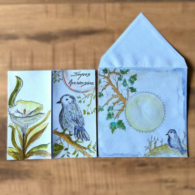 Carte et enveloppe le chant de l&rsquo;oiseau, JOYEUX ANNIVERSAIRE