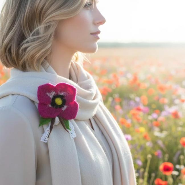Broche fleur feutr&eacute;e orn&eacute;e de dentelle fine