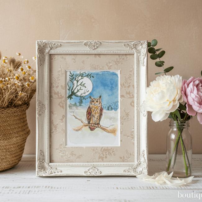 Aquarelle originale &ndash; Hibou sous la lune  (Offre 2FOR3)