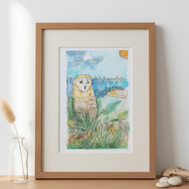 Aquarelle Originale L&rsquo;Effraie des Clochers (Tyto alba) – 21×14,8 cm – ( offre 2FOR3)