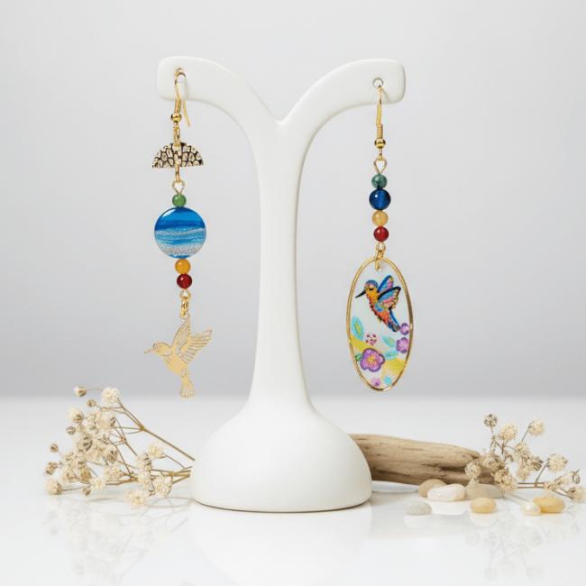Boucles d&rsquo;Oreilles Asym&eacute;triques mes colibris de TAHITI (frais de port offert)