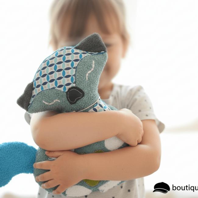 Doudou Renard BLUE &ndash; Pr&eacute;nom Brod&eacute; Main