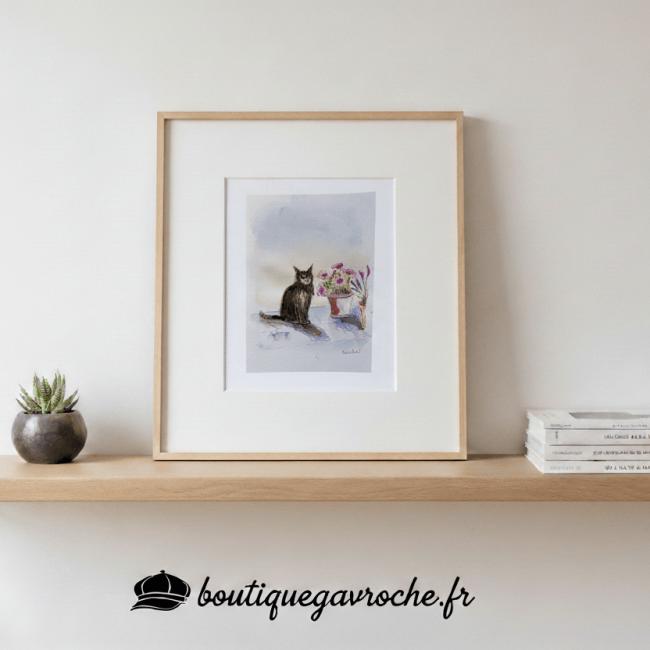 Aquarelle originale Le Chat noir et les fleurs (Offre 2FOR3)