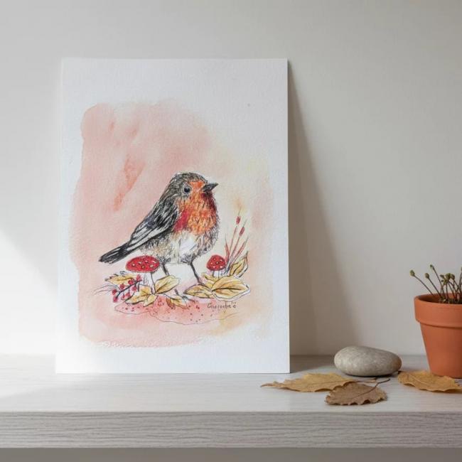 Aquarelle originale Rouge-Gorge (Erithacus rubecula)  (Offre 2FOR3)