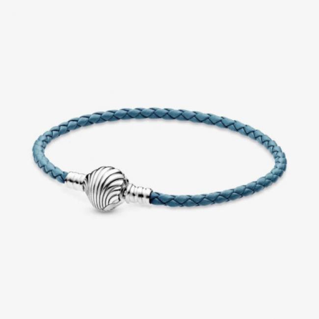 Bracelet en Cuir TressÈ Turquoise Fermoir Coquillage PANDORA MOMENTS