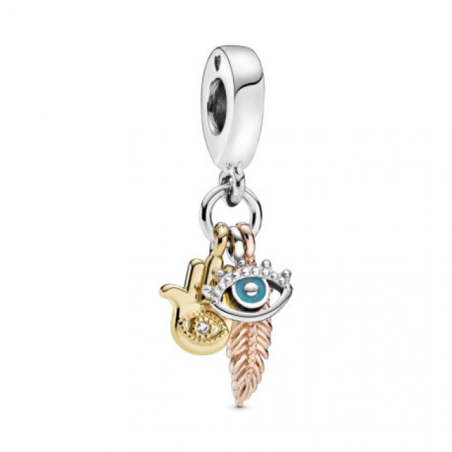 Charm Pendant Spiritualite Main de Fatma, oeil qui voit tout & Plume PANDORA MOMENTS