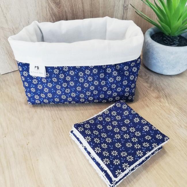 Panière et lingettes lavables - Fleurs bleues