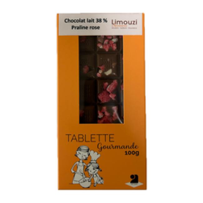 Tablettes de chocolat lait 38% praline rose 100g