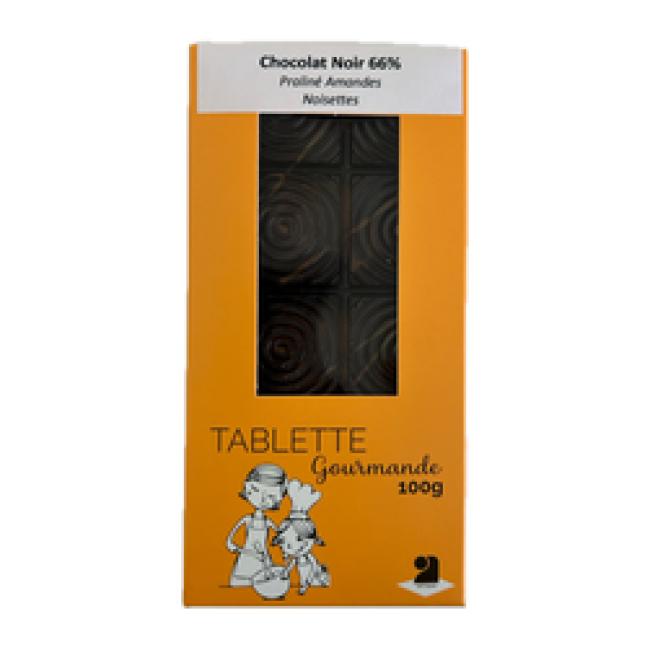 Tablettes de chocolat noir 66% praliné amandes noisettes 100g