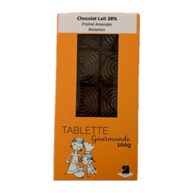 Tablettes de chocolat lait 38% praliné amandes noisettes 100g