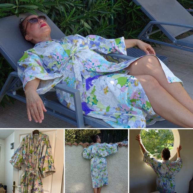 Kimono long coton satin de couleur vert parme bleu