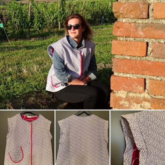 Veste courte sans manche matelassée blanche motif liberty bleu