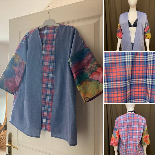 Kimono veste coton bleu rose