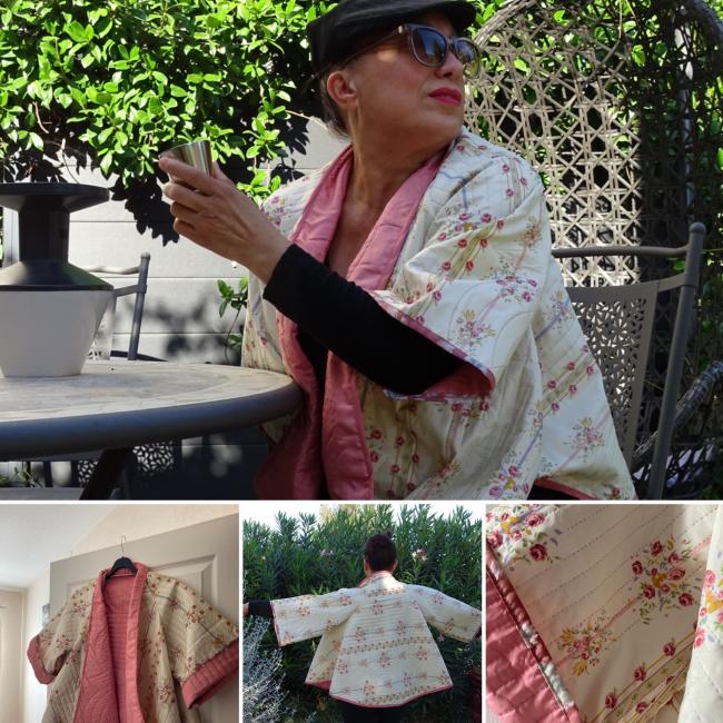 Veste cape kimono fleurs japonais rose