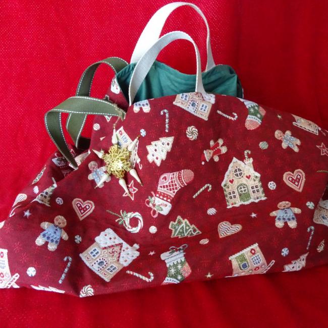 Sac shopping bigbag noël jacquard rouge et lurex