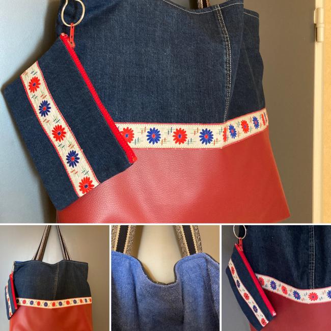 Sac cabas en jeans et vinyl bleu et rouge