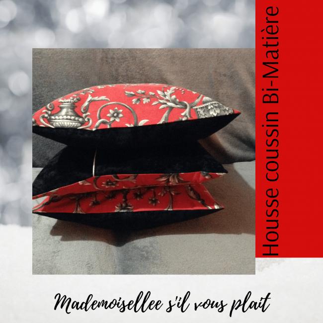 Housse de coussin décorative rouge et noir bi-matière pour canapé ou lit