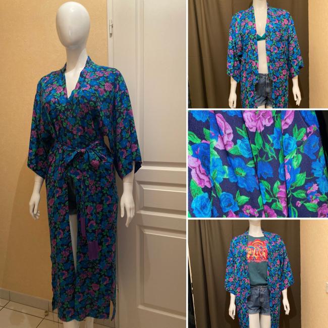 Kimono long viscose marine motifs fleuris