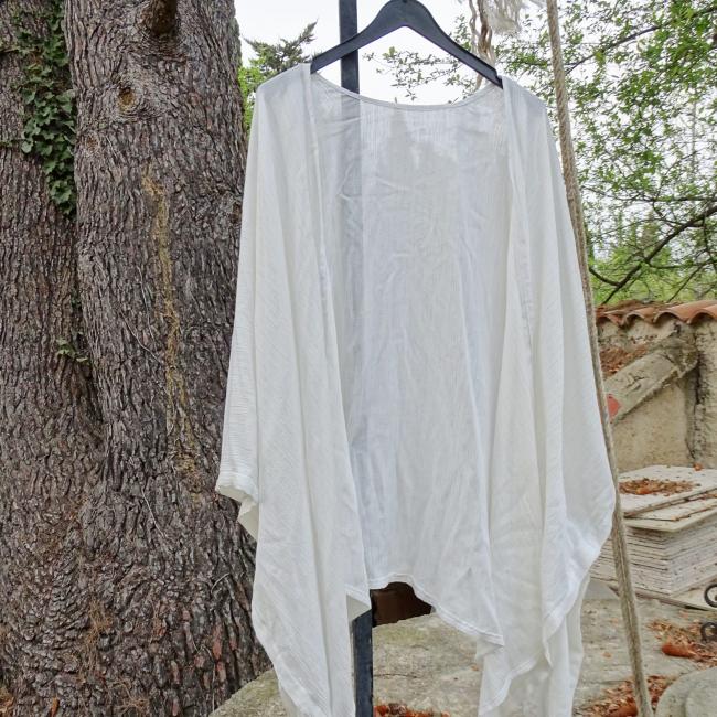 Kimono court  en coton blanc avec fil lurex argent