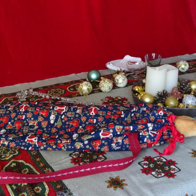 Sac à pain spécial Noël coton bleu et rouge motifs père Noël