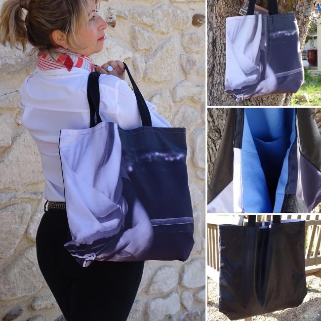 Tote Bag femme blanc et noir motif chemise de femme