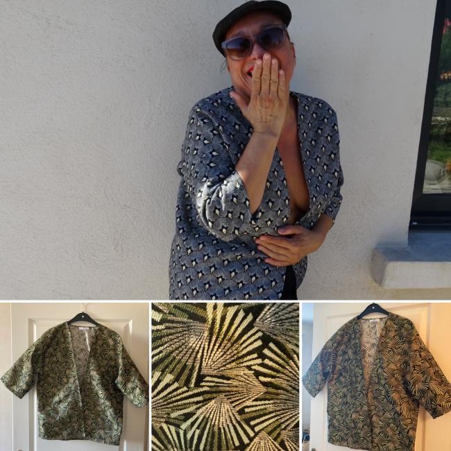 Veste Kimono en Jacquard Kaki beige et or
