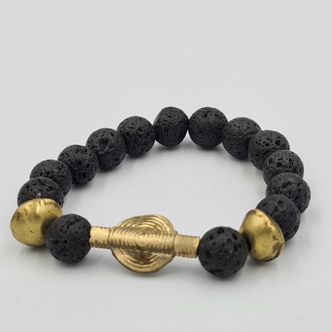 bracelet élastique en perles de lave et élément central en bronze